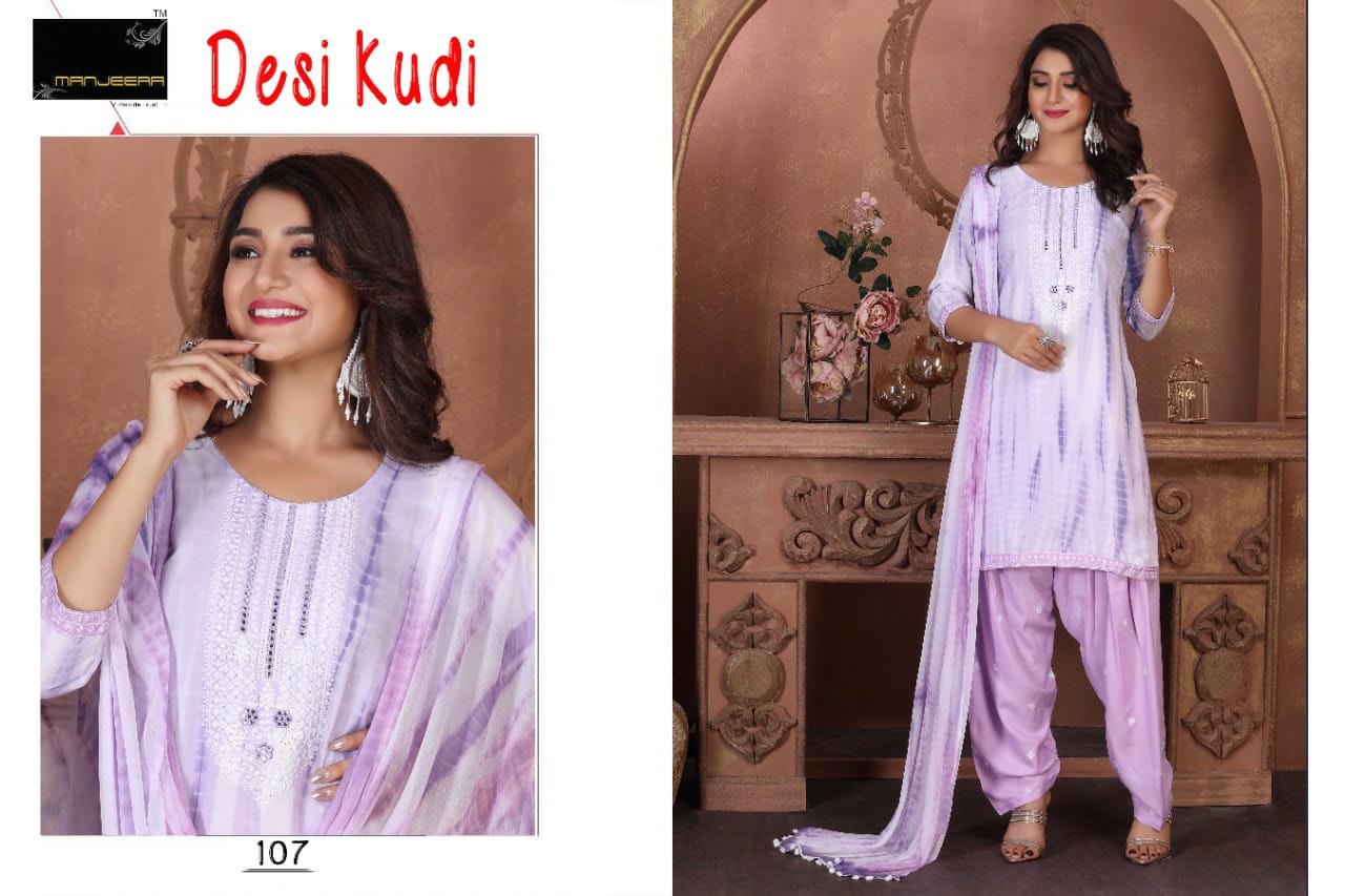 Manjeera Desi Kudi Rayon Patiyala Ready Made Wholesale Suit Collection